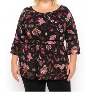 Venezia brand black babydoll floral print 3/4 sleeve lightweight flowy boho 18